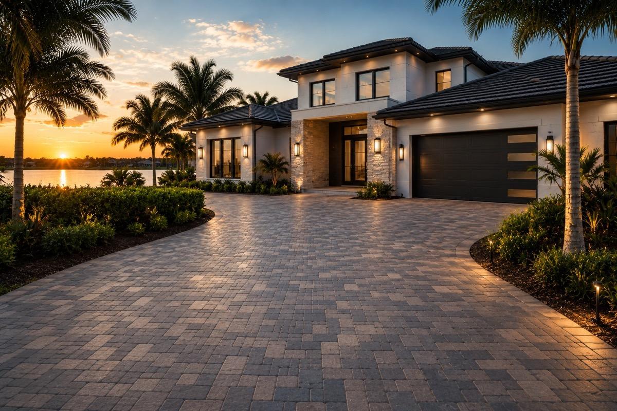 Tan cobble paver driveway leading to a Florida home at sunset