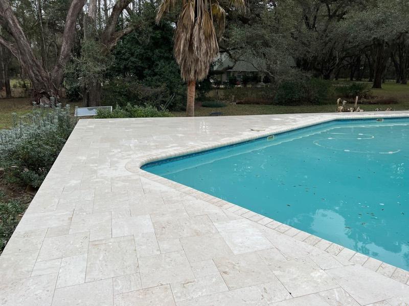Travertine Deck Under Oak Canopy